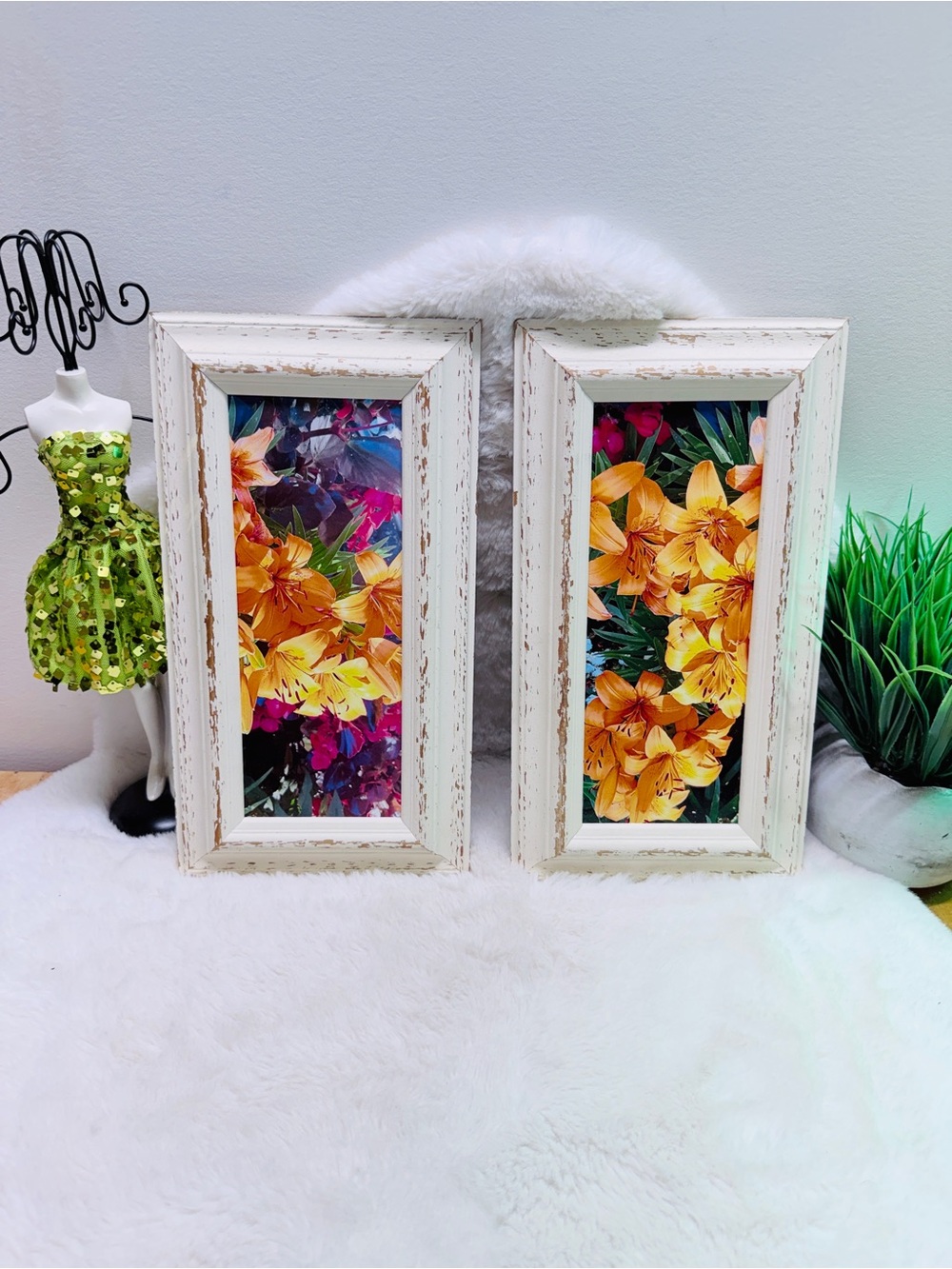 Set of 2 Floral Picture Frames with Yellow & Orange Lily Prints